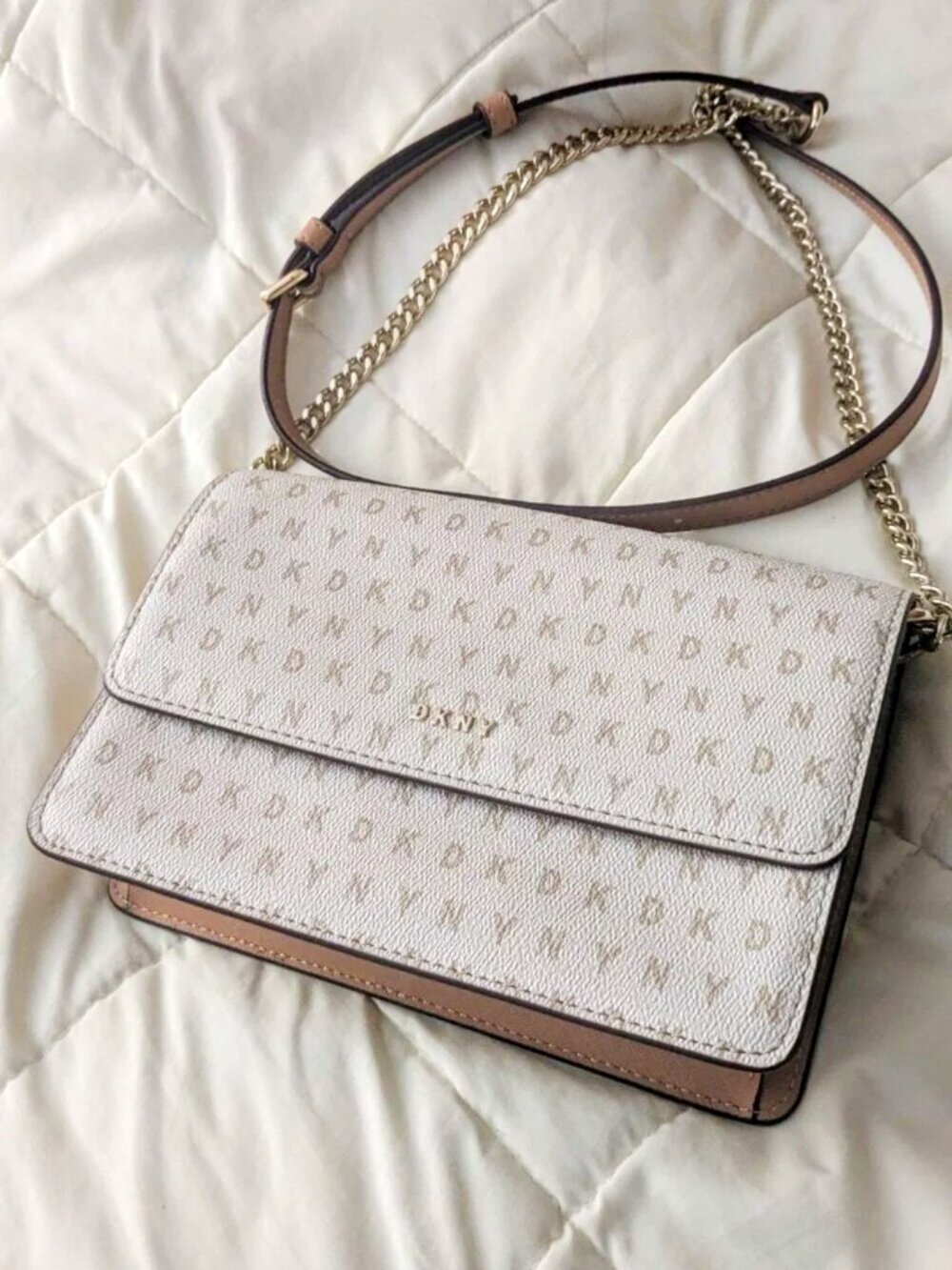 DKNY Sina Flap Shoulder Bag Crossbody Chain Camel Cream Chino Vanilla LIKE NEW